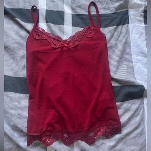 Burgundy and red cami with lace details+ bow, adjustable straps #y2k.